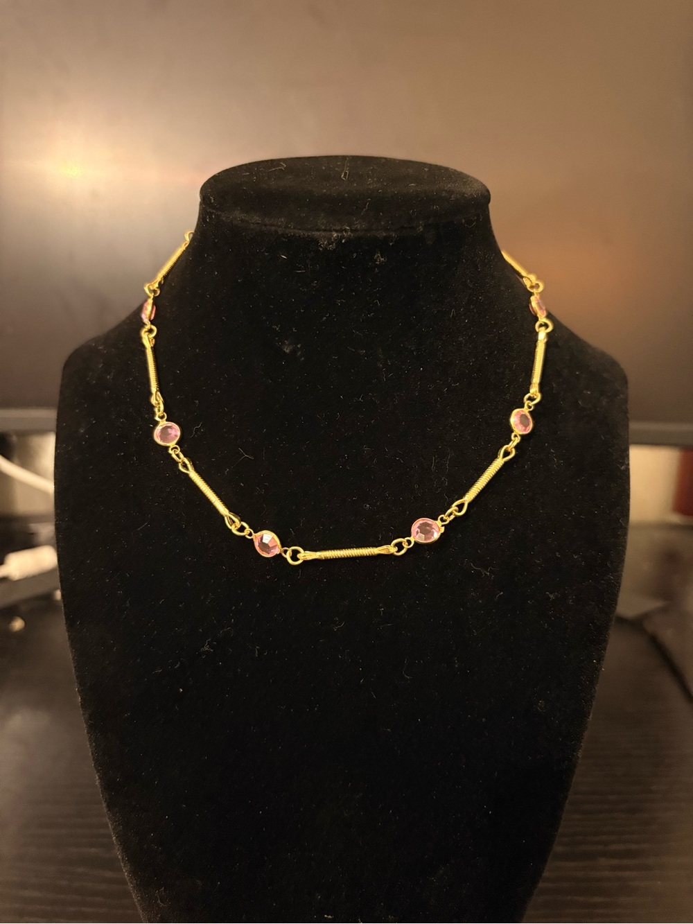 Gold Tone Bar Link Chain w/ Pink Round Bezel Set Crystals 13”